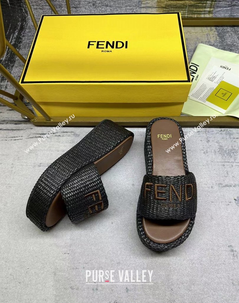 Fendi Sunshine Wedge Slide Sandals in PP Straw Black 2024 0604 (MD-240604190)