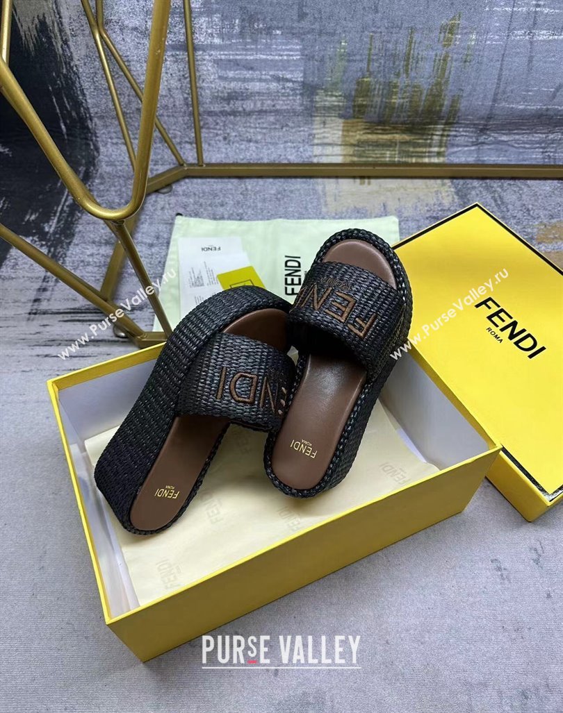 Fendi Sunshine Wedge Slide Sandals in PP Straw Black 2024 0604 (MD-240604190)