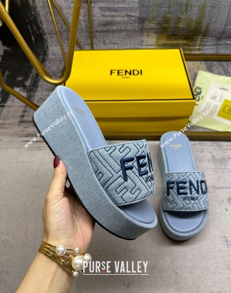 Fendi Sunshine Wedge Slide Sandals in Denim Light Blue 2024 0604 (MD-240604191)