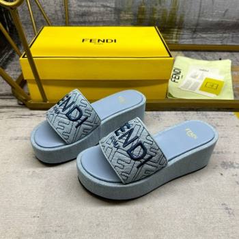 Fendi Sunshine Wedge Slide Sandals in Denim Light Blue 2024 0604 (MD-240604191)