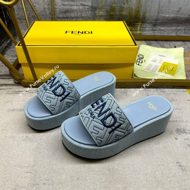 Fendi Sunshine Wedge Slide Sandals in Denim Light Blue 2024 0604 (MD-240604191)