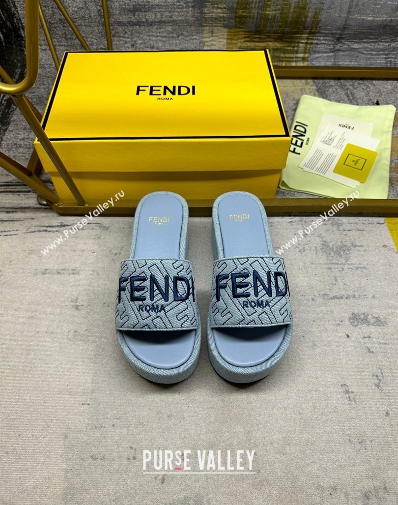 Fendi Sunshine Wedge Slide Sandals in Denim Light Blue 2024 0604 (MD-240604191)