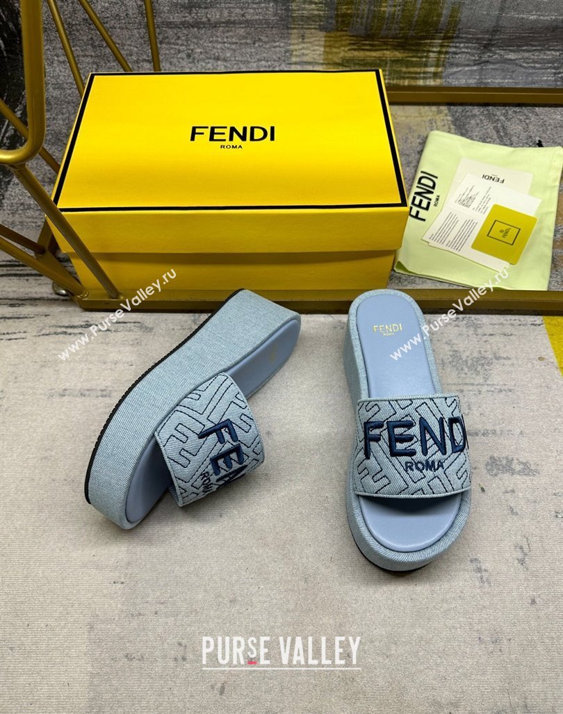 Fendi Sunshine Wedge Slide Sandals in Denim Light Blue 2024 0604 (MD-240604191)