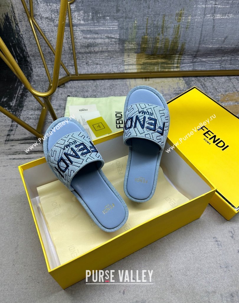 Fendi Sunshine Wedge Slide Sandals in Denim Light Blue 2024 0604 (MD-240604191)