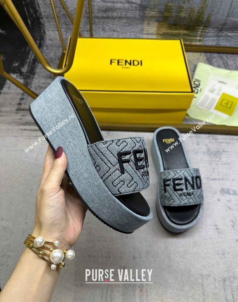 Fendi Sunshine Wedge Slide Sandals in Denim Grey 2024 0604 (MD-240604192)