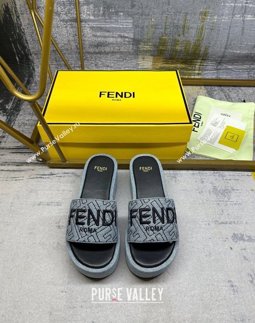 Fendi Sunshine Wedge Slide Sandals in Denim Grey 2024 0604 (MD-240604192)