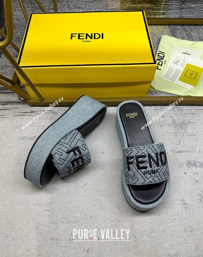 Fendi Sunshine Wedge Slide Sandals in Denim Grey 2024 0604 (MD-240604192)