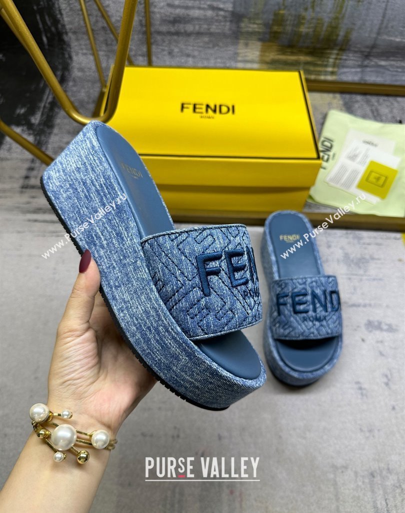 Fendi Sunshine Wedge Slide Sandals in Denim Dark Blue 2024 0604 (MD-240604193)