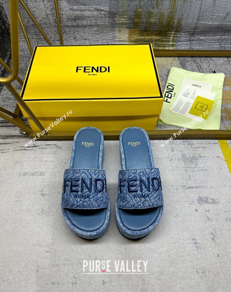 Fendi Sunshine Wedge Slide Sandals in Denim Dark Blue 2024 0604 (MD-240604193)