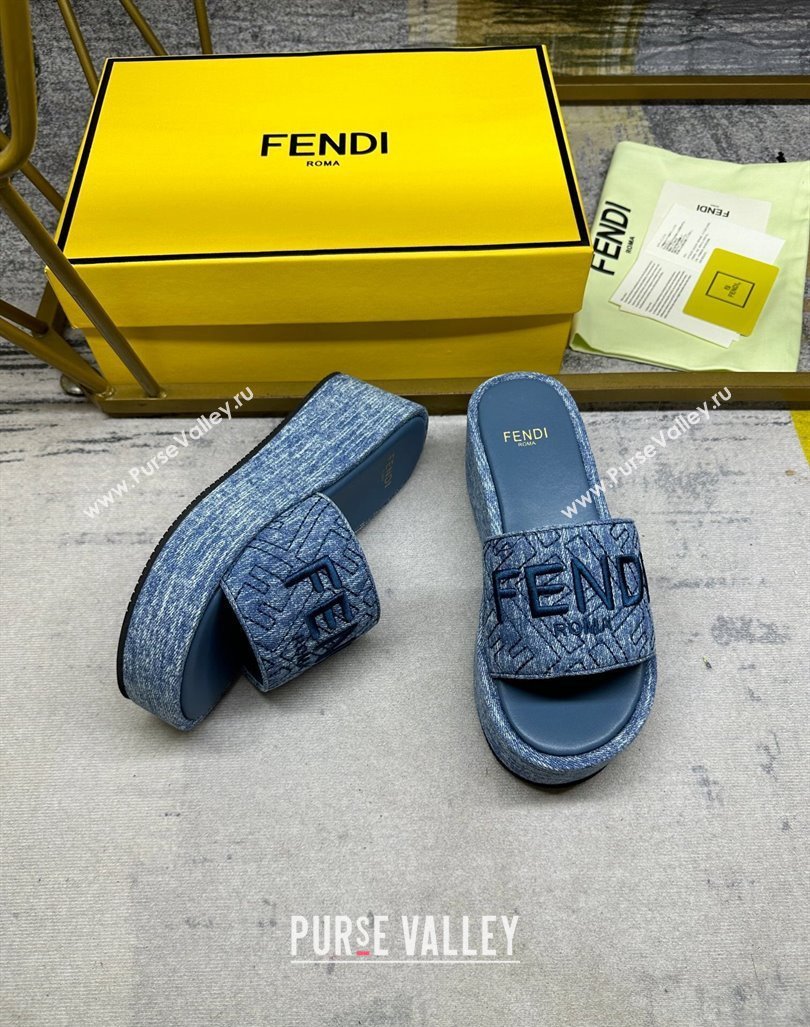 Fendi Sunshine Wedge Slide Sandals in Denim Dark Blue 2024 0604 (MD-240604193)