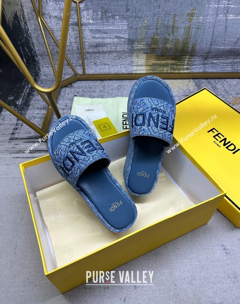 Fendi Sunshine Wedge Slide Sandals in Denim Dark Blue 2024 0604 (MD-240604193)