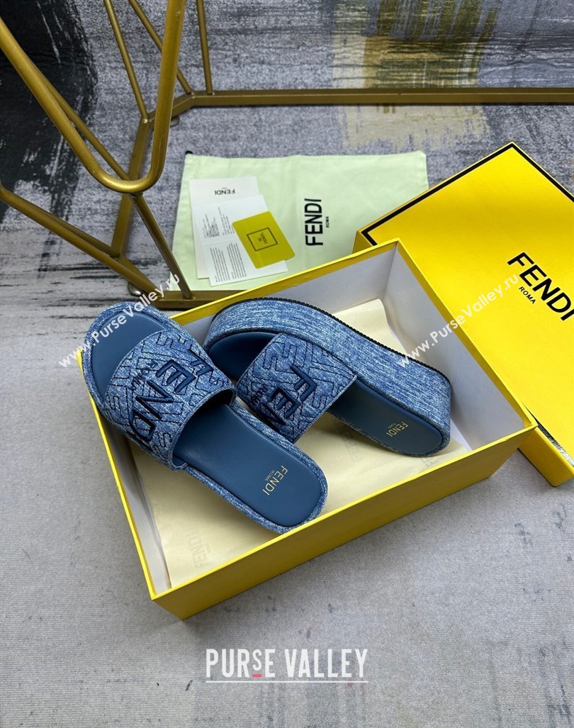 Fendi Sunshine Wedge Slide Sandals in Denim Dark Blue 2024 0604 (MD-240604193)