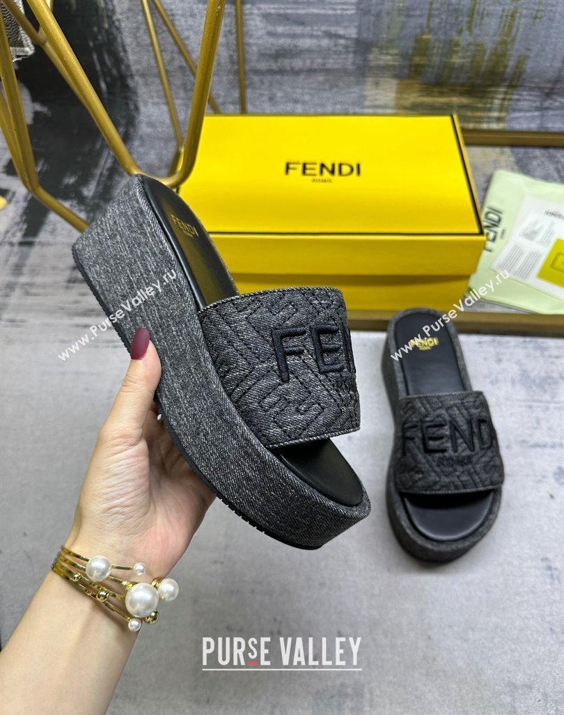 Fendi Sunshine Wedge Slide Sandals in Denim Black 2024 0604 (MD-240604194)