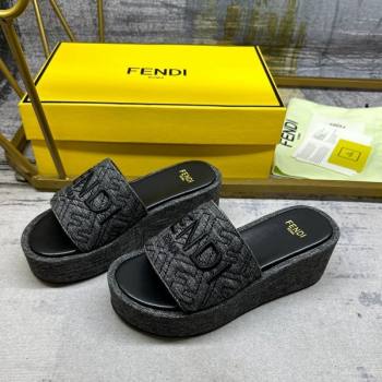 Fendi Sunshine Wedge Slide Sandals in Denim Black 2024 0604 (MD-240604194)