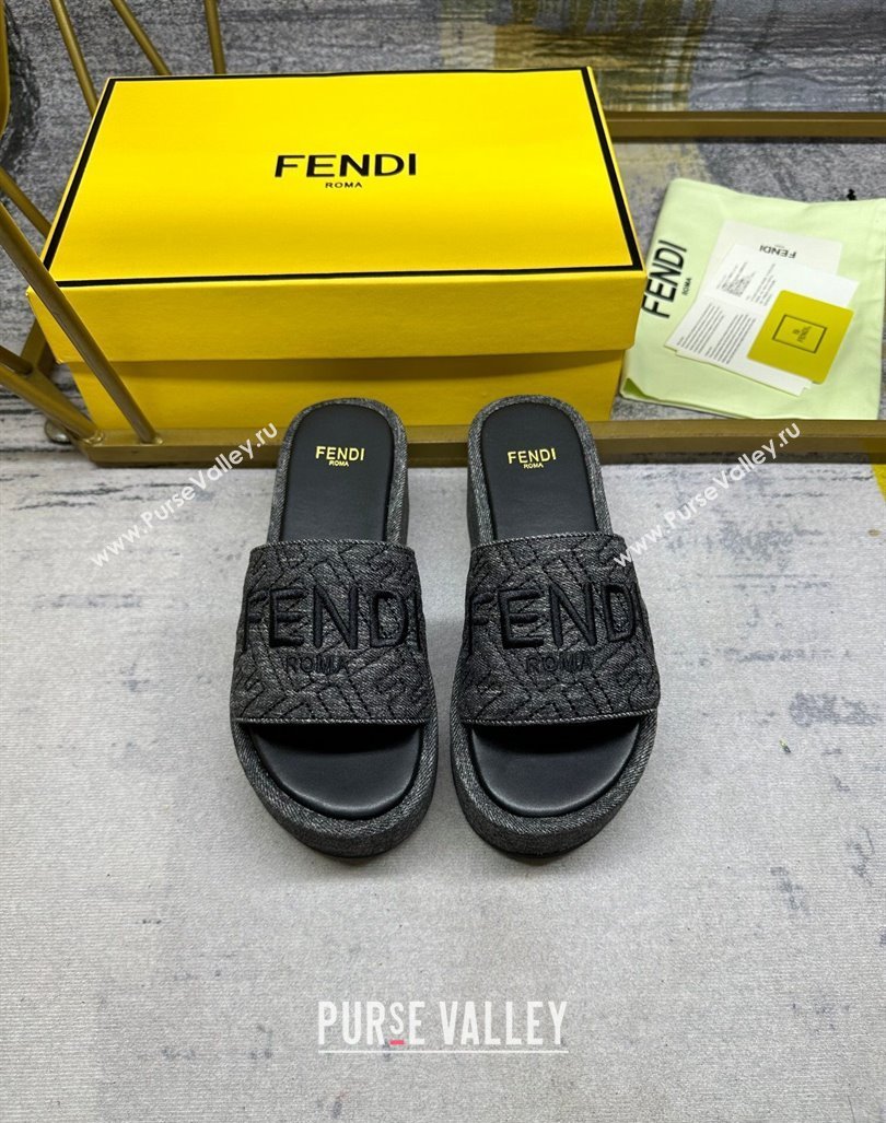 Fendi Sunshine Wedge Slide Sandals in Denim Black 2024 0604 (MD-240604194)