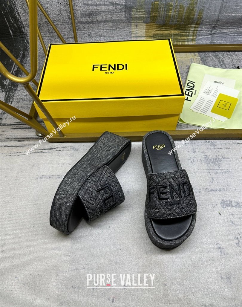 Fendi Sunshine Wedge Slide Sandals in Denim Black 2024 0604 (MD-240604194)