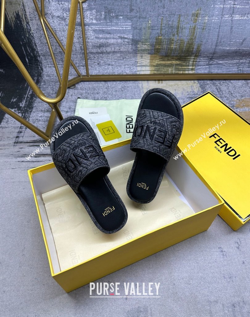 Fendi Sunshine Wedge Slide Sandals in Denim Black 2024 0604 (MD-240604194)