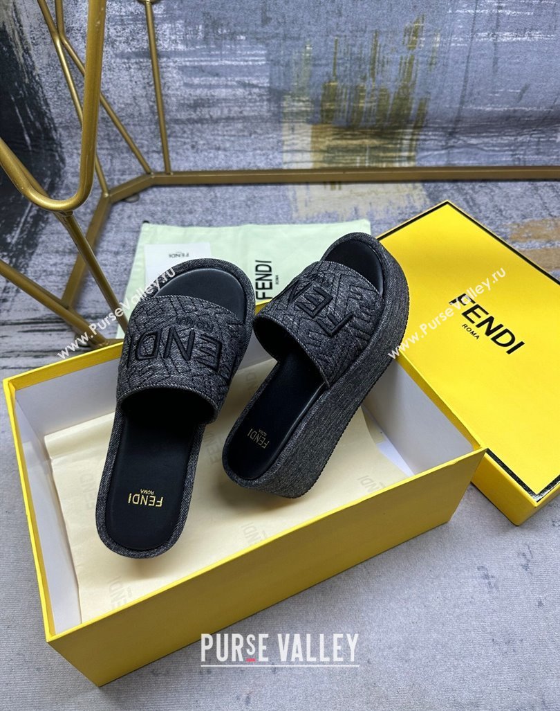 Fendi Sunshine Wedge Slide Sandals in Denim Black 2024 0604 (MD-240604194)