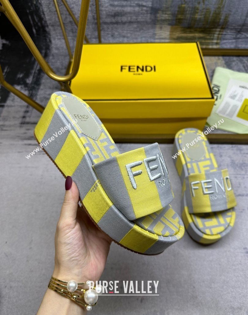 Fendi Sunshine Wedge Slide Sandals in Printed Canvas Grey/Yellow 2024 0604 (MD-240604195)