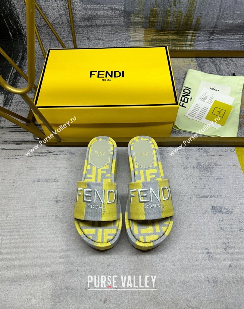 Fendi Sunshine Wedge Slide Sandals in Printed Canvas Grey/Yellow 2024 0604 (MD-240604195)