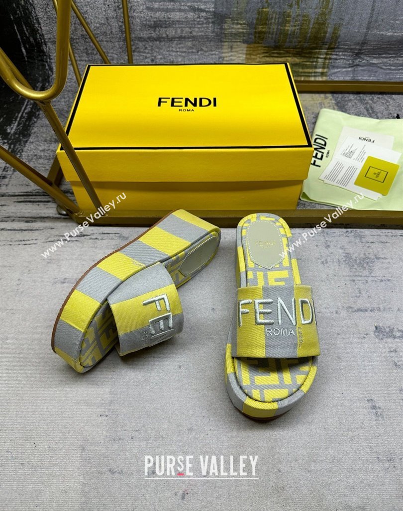 Fendi Sunshine Wedge Slide Sandals in Printed Canvas Grey/Yellow 2024 0604 (MD-240604195)