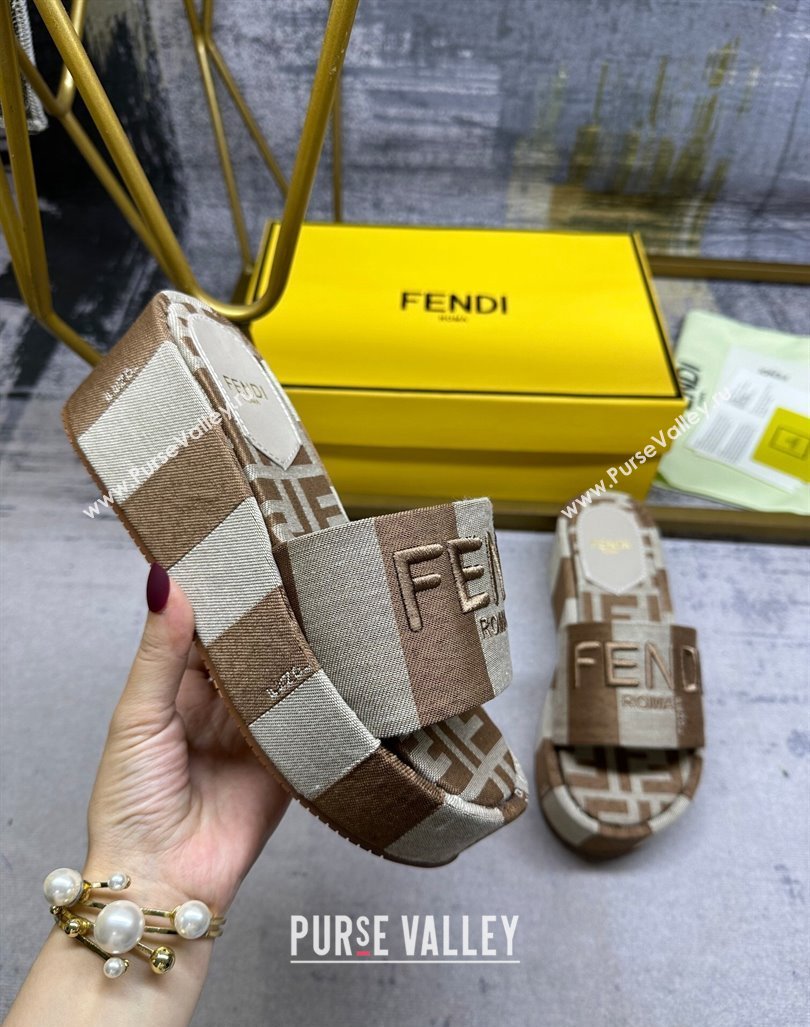 Fendi Sunshine Wedge Slide Sandals in Printed Canvas Grey/Brown 2024 0604 (MD-240604196)