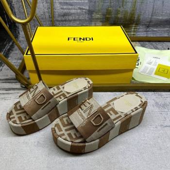 Fendi Sunshine Wedge Slide Sandals in Printed Canvas Grey/Brown 2024 0604 (MD-240604196)