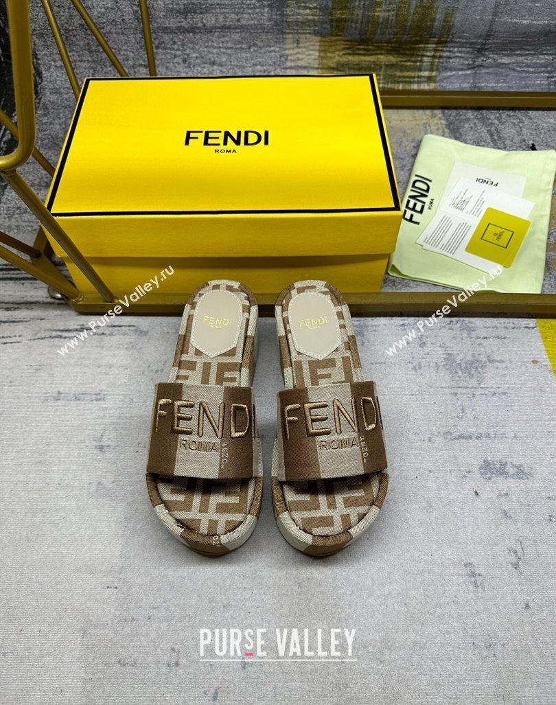 Fendi Sunshine Wedge Slide Sandals in Printed Canvas Grey/Brown 2024 0604 (MD-240604196)