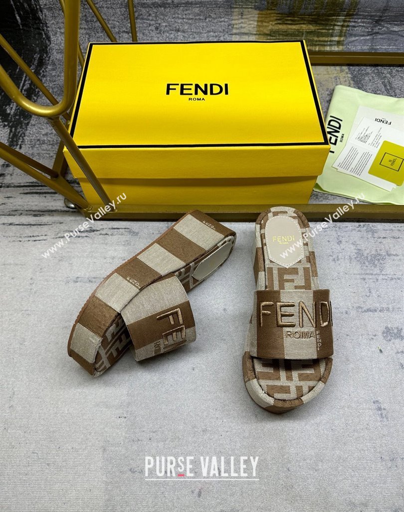 Fendi Sunshine Wedge Slide Sandals in Printed Canvas Grey/Brown 2024 0604 (MD-240604196)