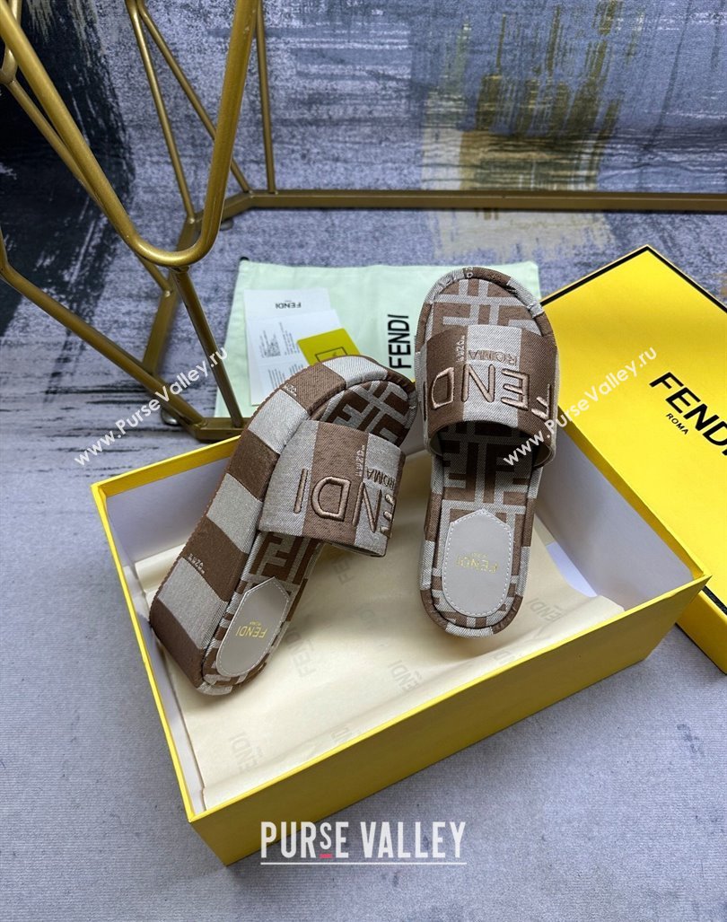 Fendi Sunshine Wedge Slide Sandals in Printed Canvas Grey/Brown 2024 0604 (MD-240604196)