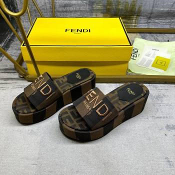 Fendi Sunshine Wedge Slide Sandals in Printed Canvas Black/Brown 2024 0604 (MD-240604197)