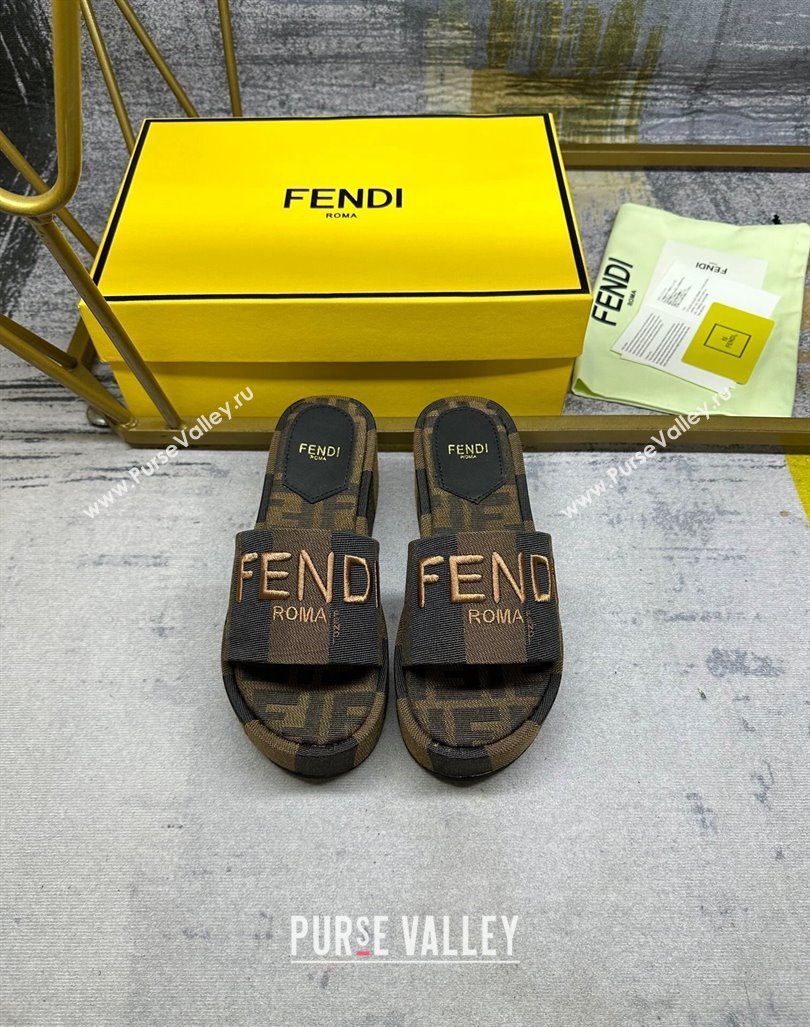 Fendi Sunshine Wedge Slide Sandals in Printed Canvas Black/Brown 2024 0604 (MD-240604197)