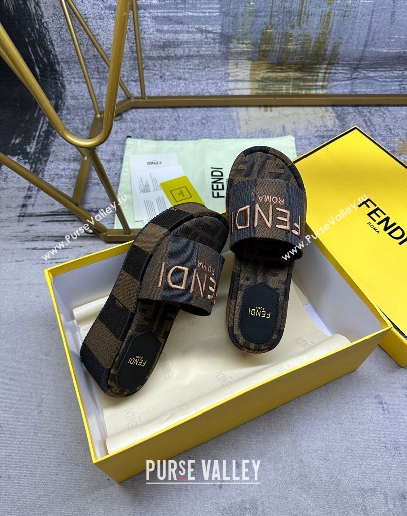 Fendi Sunshine Wedge Slide Sandals in Printed Canvas Black/Brown 2024 0604 (MD-240604197)