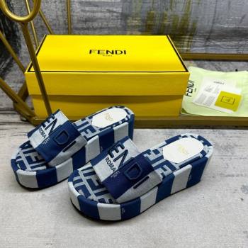 Fendi Sunshine Wedge Slide Sandals in Printed Canvas Grey/Navy Blue 2024 0604 (MD-240604198)