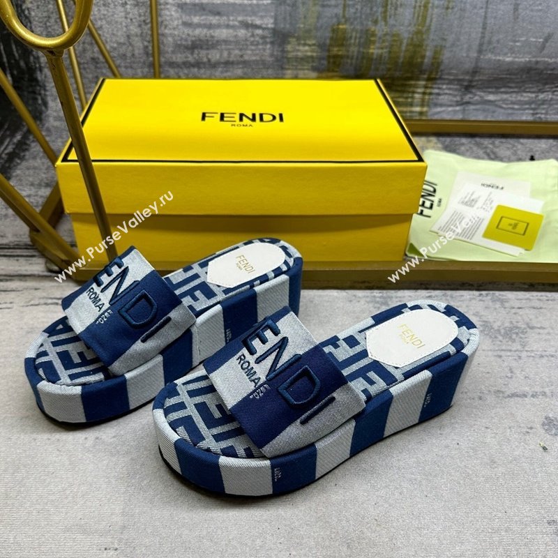 Fendi Sunshine Wedge Slide Sandals in Printed Canvas Grey/Navy Blue 2024 0604 (MD-240604198)