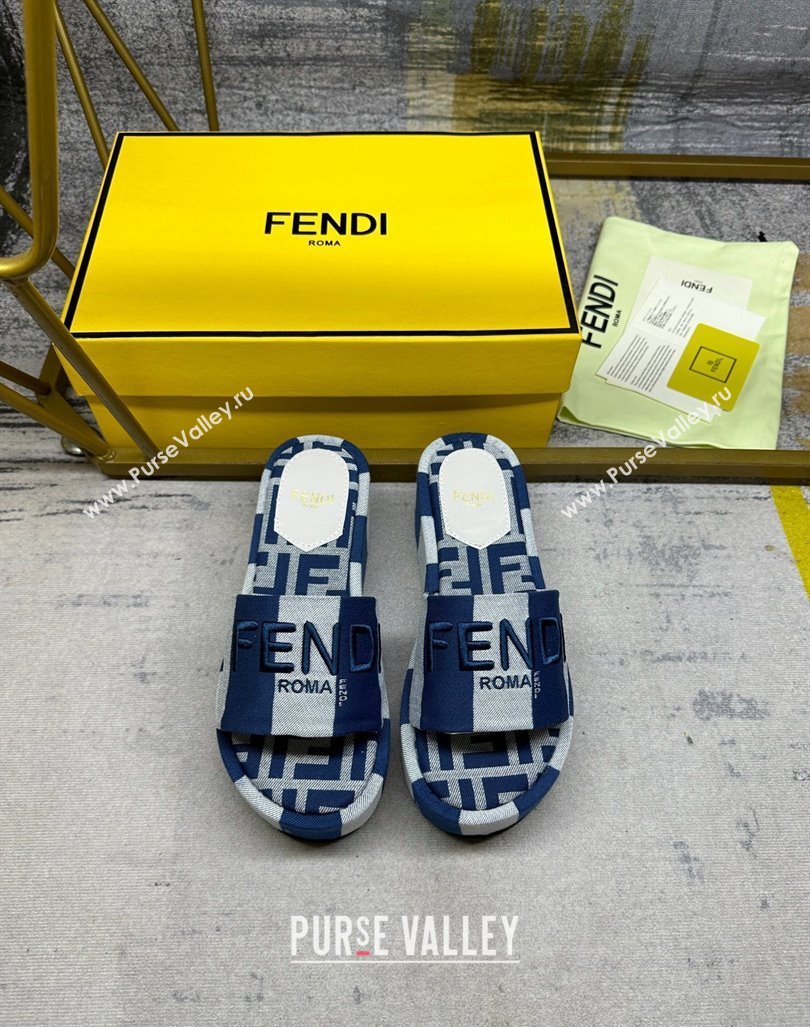 Fendi Sunshine Wedge Slide Sandals in Printed Canvas Grey/Navy Blue 2024 0604 (MD-240604198)