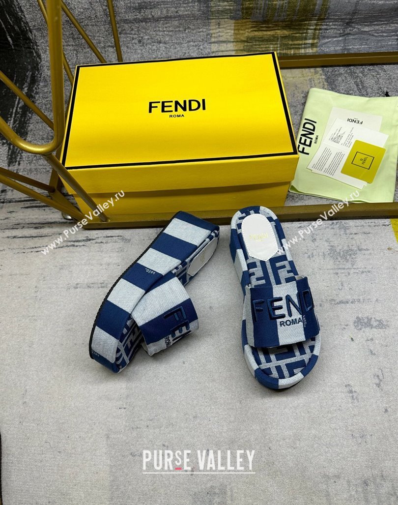 Fendi Sunshine Wedge Slide Sandals in Printed Canvas Grey/Navy Blue 2024 0604 (MD-240604198)