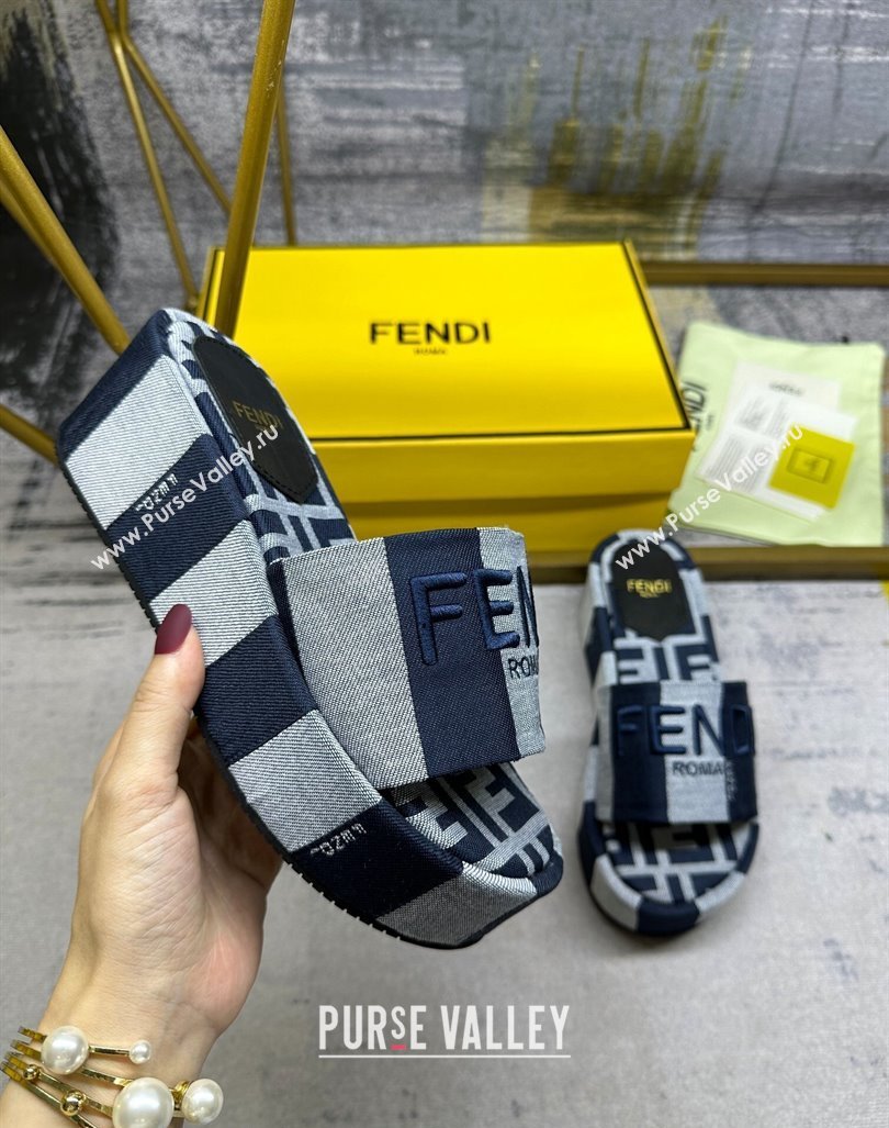 Fendi Sunshine Wedge Slide Sandals in Printed Canvas Grey/Dark Blue 2024 0604 (MD-240604199)