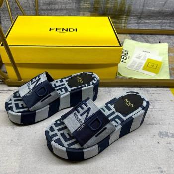 Fendi Sunshine Wedge Slide Sandals in Printed Canvas Grey/Dark Blue 2024 0604 (MD-240604199)