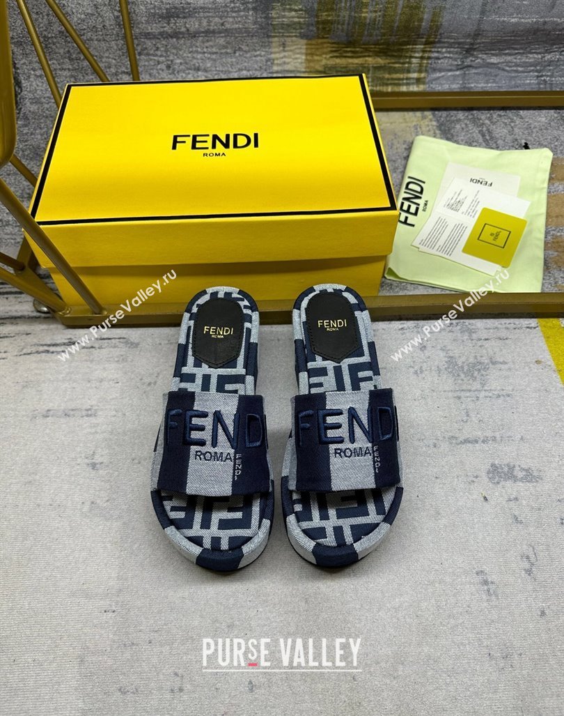 Fendi Sunshine Wedge Slide Sandals in Printed Canvas Grey/Dark Blue 2024 0604 (MD-240604199)