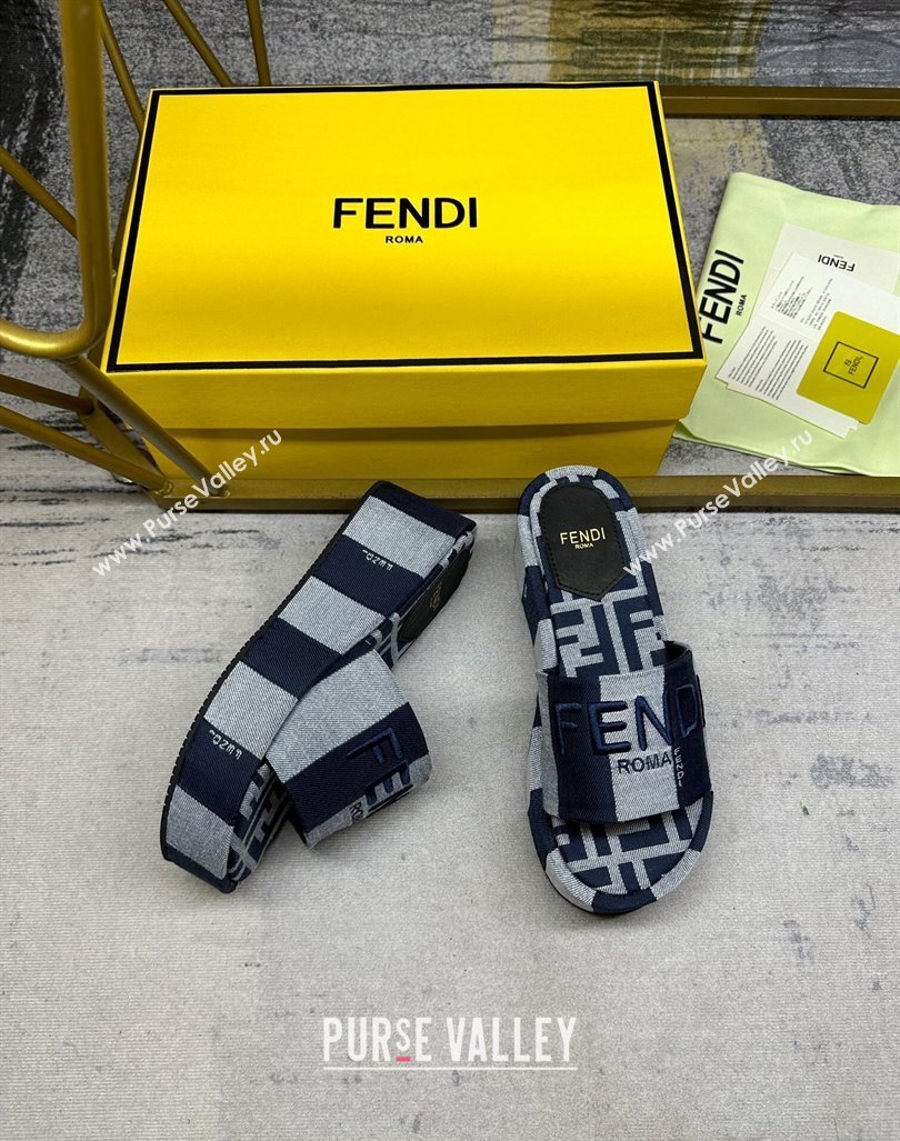 Fendi Sunshine Wedge Slide Sandals in Printed Canvas Grey/Dark Blue 2024 0604 (MD-240604199)