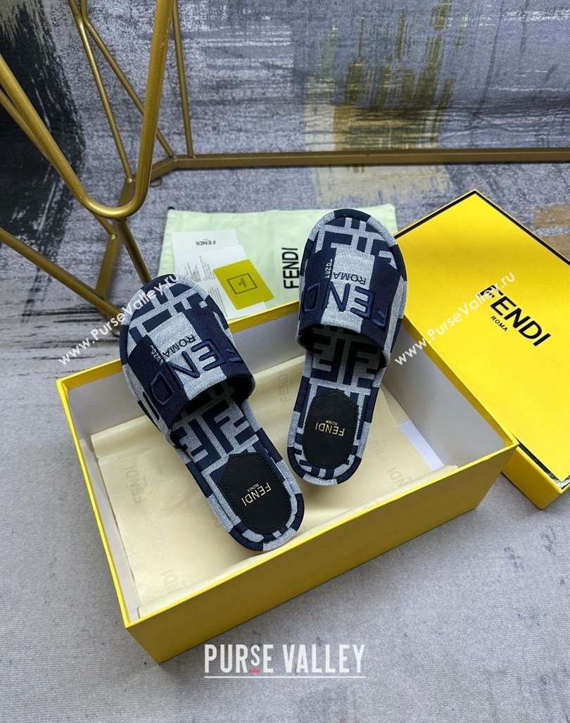 Fendi Sunshine Wedge Slide Sandals in Printed Canvas Grey/Dark Blue 2024 0604 (MD-240604199)