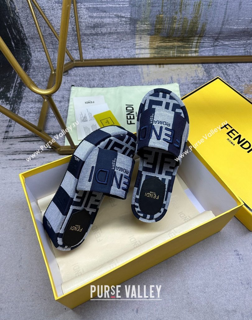 Fendi Sunshine Wedge Slide Sandals in Printed Canvas Grey/Dark Blue 2024 0604 (MD-240604199)