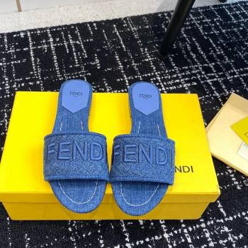Fendi Signature Flat Slide Sandals in Quilted Denim Dark Blue 2024 0603 (KL-240604200)