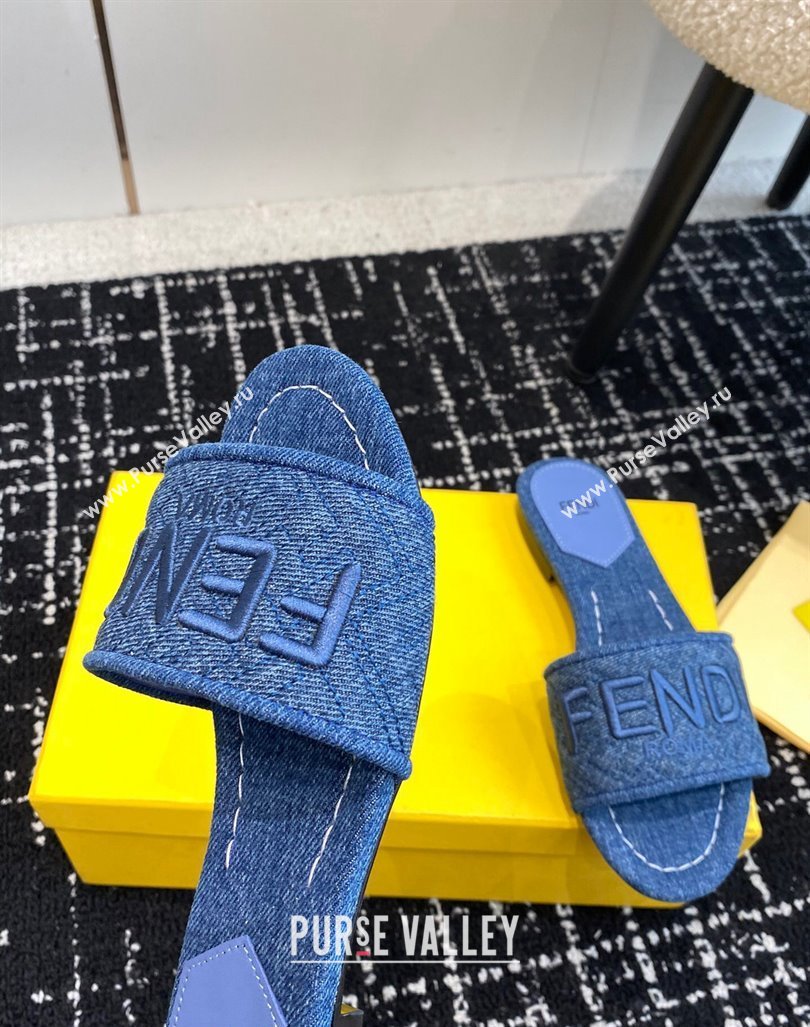 Fendi Signature Flat Slide Sandals in Quilted Denim Dark Blue 2024 0603 (KL-240604200)