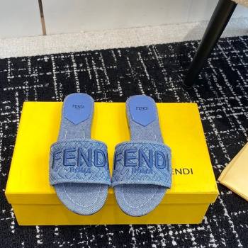 Fendi Signature Flat Slide Sandals in Quilted Denim Light Blue 2024 0603 (KL-240604201)