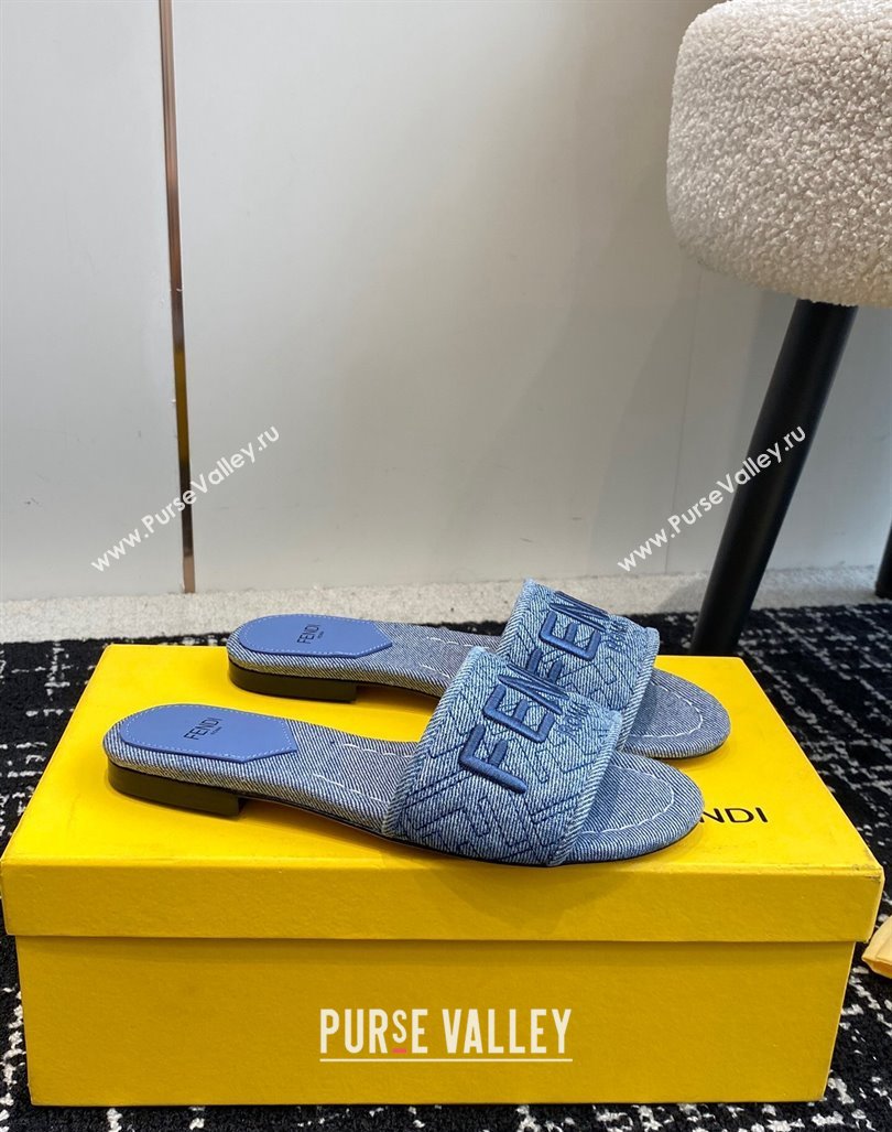 Fendi Signature Flat Slide Sandals in Quilted Denim Light Blue 2024 0603 (KL-240604201)