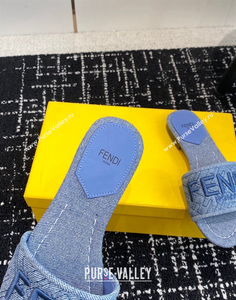 Fendi Signature Flat Slide Sandals in Quilted Denim Light Blue 2024 0603 (KL-240604201)