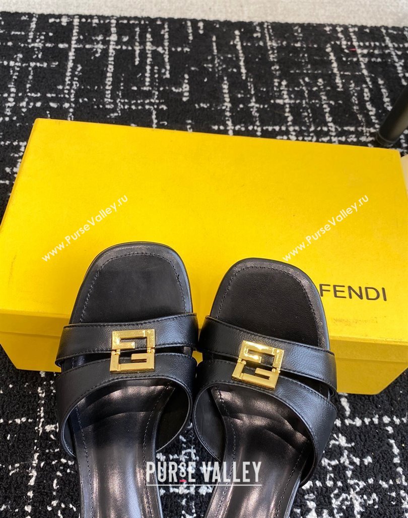 Fendi FFold medium-heeled slide sandals 6cm in Calfskin Black 2024 (KL-240604202)