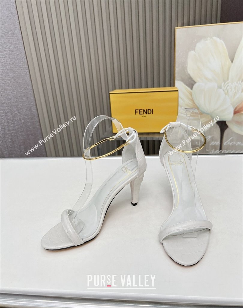 Fendi Filo high-heeled sandals 9cm in stone-Embossed Leather with Anklet White 2024 (MD-240604159)